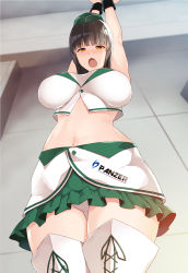 Rule 34 | 1girl, arms up, bandeau, blunt bangs, blush, boots, breasts, brown eyes, brown hair, commentary request, crop top, frilled skirt, frills, from below, girls und panzer, green skirt, highres, knee boots, large breasts, looking at viewer, nakamura yukitoshi, navel, nishizumi shiho, official alternate costume, open mouth, pacific racing team, panties, race queen, skirt, standing, two-tone skirt, underwear, v-shaped eyebrows, white bandeau, white footwear, white panties, white skirt, wristband