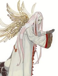 Rule 34 | 1other, angel, colored skin, from side, grey skin, highres, long hair, long sleeves, mossacannibalis, multiple wings, original, pink hair, robe, simple background, solo, very long hair, white background, wings, yellow eyes