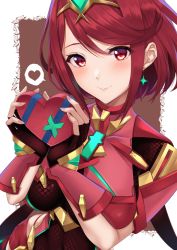 Rule 34 | 1girl, black gloves, blush, breasts, candy, chest jewel, chocolate, chocolate heart, earrings, fingerless gloves, food, gloves, heart, highres, jewelry, large breasts, looking at viewer, pyra (xenoblade), red eyes, red hair, short hair, sidelocks, smile, solo, swept bangs, tiara, valentine, xenoblade chronicles (series), xenoblade chronicles 2, yuuki shin