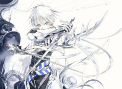 Rule 34 | 1boy, armor, belt, blue eyes, gauntlets, grey theme, male focus, pale color, solo, spiegeln sie silber, sumi keiichi, sword, weapon, white background, white hair, white theme