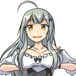 Rule 34 | 1girl, ahoge, artist request, blush, bow, breast hold, breasts, dress, frilled dress, frills, grey hair, hair ornament, hairclip, kitami sawako, large breasts, long hair, looking at viewer, mahjong soul, open mouth, smile, white background, yellow eyes