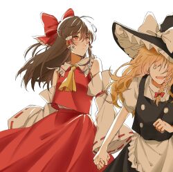 Rule 34 | 2girls, apron, ascot, black vest, blonde hair, blush, bow, braid, brown hair, closed mouth, commentary request, detached sleeves, frilled bow, frilled hair tubes, frills, hair bow, hair tubes, hakurei reimu, hat, hat bow, hitte5416, holding hands, kirisame marisa, long hair, multiple girls, no eyes, open mouth, red bow, red eyes, red skirt, ribbon-trimmed sleeves, ribbon trim, short sleeves, side braid, single braid, skirt, skirt set, smile, sweatdrop, touhou, vest, waist apron, white apron, white bow, witch hat, yellow ascot