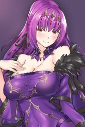 Rule 34 | 1girl, breasts, caster (lostbelt), circlet, cleavage, commentary request, dress, fate/grand order, fate (series), feather-trimmed sleeves, hair ribbon, large breasts, long hair, purple dress, purple hair, red eyes, ribbon, scathach (fate), scathach skadi (fate), see-through, see-through cleavage, shirokuma a, solo, strapless, strapless dress, upper body
