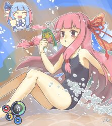 Rule 34 | &lt;boss&gt;, 2girls, ?, afloat, air bubble, animal, armpits, barefoot, blue hair, blue one-piece swimsuit, blue ribbon, blunt bangs, blush, blush stickers, boomerang (subnautica), breasts, bubble, chibi, chibi inset, commentary request, crossover, fish, floating hair, foot out of frame, furrowed brow, hair intakes, hair ribbon, hand up, health bar, highres, holding, holding animal, holding breath, holding fish, kotonoha akane, kotonoha aoi, long hair, low-tied sidelocks, medium breasts, multiple girls, neck ribbon, one-piece swimsuit, outline, pink eyes, pink hair, red ribbon, ribbon, school swimsuit, sidelocks, subnautica, swimsuit, thumbs up, underwater, user interface, v-shaped eyebrows, voiceroid, white outline