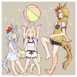 Rule 34 | !, 3girls, aged down, alternate costume, animal ears, asuka (junerabitts), ball, barefoot, beachball, bikini, black bikini, blonde hair, blue one-piece swimsuit, border, brown background, brown hair, dictus striker, ear flower, ears through headwear, from side, full body, gradient one-piece swimsuit, gradient swimsuit, grey hair, hishi miracle (umamusume), hood, hooded jacket, horse ears, horse girl, horse tail, jacket, looking at another, looking at viewer, looking to the side, multicolored hair, multiple girls, narita top road (umamusume), one-piece swimsuit, parted bangs, short hair, simple background, swimsuit, tail, two-tone hair, umamusume, umamusume: cinderella gray, white border, white hair, yellow jacket