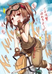 Rule 34 | 1girl, bare shoulders, belt, blush, brown hair, gloves, goggles, goggles on head, inyucchi, motion lines, ole tower, open mouth, overalls, rammer (ole tower), red eyes, sexually suggestive, short hair, solo, straddling, translation request, twintails