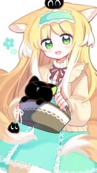 Rule 34 | 1girl, akaruku, animal ears, aqua flower, aqua headband, arknights, basket, blonde hair, bow, bowtie, brown cardigan, cardigan, commentary, flower, fox ears, fox girl, fox tail, green eyes, green skirt, heixiu, highres, holding, holding basket, long hair, looking at viewer, luo xiaohei, luo xiaohei zhanji, multicolored hair, multiple tails, open cardigan, open clothes, open mouth, red bow, red bowtie, shirt, simple background, skirt, smile, solo focus, suzuran (arknights), suzuran (spring praise) (arknights), symbol-only commentary, tail, two-tone hair, white background, white hair, white shirt