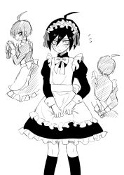 Rule 34 | 1boy, ahoge, alternate costume, apron, arms behind back, blush, bow, bowtie, danganronpa (series), danganronpa v3: killing harmony, dress, enmaided, feet out of frame, flying sweatdrops, greyscale, gu zang (aammss188), headdress removed, highres, holding headdress, juliet sleeves, kneehighs, long sleeves, looking at viewer, maid, maid headdress, male focus, monochrome, multiple views, own hands together, puffy sleeves, saihara shuichi, sketch, socks