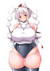 Rule 34 | 1girl, :&lt;, animal ears, arms behind back, bare shoulders, blush, breasts, covered navel, detached sleeves, flying sweatdrops, groin, hat, highres, huge breasts, inubashiri momiji, one-piece swimsuit, plump, pom pom (clothes), red eyes, shirt, shishi juuroku, simple background, sleeveless, sleeveless shirt, solo, swimsuit, swimsuit under clothes, tail, taut clothes, thick thighs, thigh gap, thighhighs, thighs, tokin hat, touhou, white background, white hair, wide hips, wolf ears, wolf tail