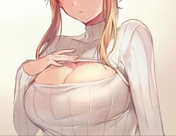 Rule 34 | 1girl, artoria pendragon (fate), artoria pendragon (lancer) (fate), blonde hair, breasts, cleavage, cleavage cutout, clothing cutout, fate/grand order, fate (series), hand on own chest, head out of frame, large breasts, solo, vivi (eve no hakoniwa)