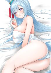 Rule 34 | 1girl, alternate costume, animal ears, ass, bare shoulders, bed sheet, blue hair, braid, breasts, cleavage cutout, closed mouth, clothing cutout, commentary request, crown braid, ear ornament, feet out of frame, highres, horse ears, horse girl, horse tail, large breasts, leotard, light blue hair, long hair, mejiro ardan (umamusume), on bed, purple eyes, solo, strapless, strapless leotard, tail, tail through clothes, taku (312nismo1), umamusume, white leotard