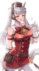 Rule 34 | 1girl, absurdres, alternate hairstyle, animal ears, bare shoulders, bow, breasts, buttons, commentary request, cowboy shot, double-breasted, dress, ear bow, gloves, gold ship (umamusume), grey hair, highres, horse ears, horse girl, horse tail, large breasts, long hair, looking at viewer, mare ma, open mouth, pantyhose, pillbox hat, pouch, purple bow, purple eyes, red bow, red dress, simple background, sleeveless, sleeveless dress, smile, solo, tail, twintails, twitter username, umamusume, white background, white gloves, white hair, white pantyhose