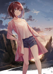 Rule 34 | 1girl, bad id, bad pixiv id, beach, black shorts, brown eyes, brown hair, cloud, coat, collarbone, day, dutch angle, hair between eyes, hand in pocket, highres, k-me, looking at viewer, open clothes, open coat, original, outdoors, pink coat, shirt, short hair, short shorts, shorts, sketch, smile, solo, standing, white shirt
