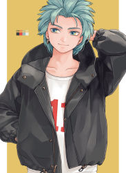 Rule 34 | 1boy, arm behind head, bad id, bad pixiv id, black jacket, blue eyes, blue hair, camus (dq11), closed mouth, clothes writing, color guide, contemporary, dragon quest, dragon quest xi, earrings, facing viewer, hand in pocket, hand up, head tilt, jacket, jewelry, long sleeves, looking away, mahoshiki, male focus, open clothes, open jacket, shirt, sideways glance, simple background, single earring, smile, solo, spiked hair, stud earrings, upper body, white shirt, yellow background