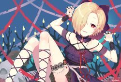 Rule 34 | 10s, 1girl, :d, bad id, bad pixiv id, blonde hair, bracelet, choker, claw pose, ear piercing, earrings, garter belt, gem, hair over one eye, idolmaster, idolmaster cinderella girls, idolmaster cinderella girls starlight stage, jewelry, looking at viewer, multiple piercings, nail polish, necklace, open mouth, piercing, red eyes, ribbon, ribbon shoes, shirasaka koume, short hair, silltare, sitting, skull, smile, solo