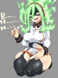 Rule 34 | 1girl, belt, belt buckle, black mask, boku no hero academia, breasts, buckle, burnin (boku no hero academia), character name, curvy, domino mask, dress, ear cleaning, eyebrows visible through mask, fang, female focus, fiery hair, fukuinu, green hair, grey background, headphones, highres, kamiji moe, lap pillow, lap pillow invitation, large breasts, long hair, looking at viewer, mask, mimikaki, motherly, motion lines, open mouth, seiza, short dress, side slit, simple background, sitting, solo, studded, superhero costume, teeth, thick thighs, thighhighs, thighs, white dress, yellow eyes
