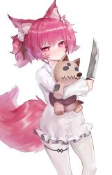 Rule 34 | 1girl, absurdres, animal ear fluff, animal ears, arknights, bad id, bad pixiv id, center frills, dokomon, dress, frilled dress, frills, hair between eyes, heart, heart-shaped pupils, highres, holding, holding knife, knife, long sleeves, looking at viewer, hugging object, pantyhose, purple hair, red eyes, shamare (arknights), simple background, skindentation, sleeves past wrists, solo, stuffed animal, stuffed toy, stuffed wolf, symbol-shaped pupils, tail, twintails, white background, white dress, white pantyhose