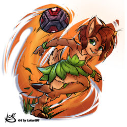Rule 34 | 1girl, ball, breasts, brown hair, dress, elora (spyro), furry, green eyes, leg lift, legs, looking at viewer, lukart96, mario (series), mario strikers: battle league, nintendo, official style, parted lips, running, small breasts, smile, soccer ball, solo, spyro (series), thighs