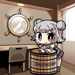Rule 34 | 1girl, barrel, black jacket, black skirt, cevio, chair, chibi, closed mouth, day, double bun, flipped hair, full body, grey hair, grey hoodie, hair bun, hair ornament, hairclip, hood, hood down, hoodie, hotel room, indoors, jacket, koharu rikka, leaning forward, leaning on object, light rays, long sleeves, looking at viewer, lowres, mirror, moyasiwhite, neck ribbon, overexposure, pink eyes, pink ribbon, pleated skirt, ribbon, second-party source, short hair, skirt, smile, socks, solo, standing, synthesizer v, table, tapping finger, v-shaped eyebrows, window
