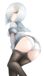 Rule 34 | 10s, 1girl, ass, black pantyhose, blue eyes, breasts, clothes pull, comah, cowboy shot, crotch seam, from behind, gloves, hair ornament, hair over one eye, hairclip, hamakaze (kancolle), kantai collection, looking at viewer, looking back, panties, pantyhose, pantyhose pull, pleated skirt, school uniform, serafuku, short hair, short sleeves, simple background, skirt, solo, underwear, white background, white gloves, white hair, white panties