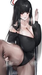 Rule 34 | 1girl, black hair, black shirt, blue archive, blunt bangs, blush, breast press, breasts, brown pantyhose, cleavage, gluteal fold, hair ornament, hairclip, halo, highres, huge breasts, long hair, open mouth, pantyhose, poharo, red eyes, red halo, rio (blue archive), shirt, smile, solo, standing, standing on one leg, sweatdrop, thick thighs, thighs, very long hair