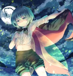 Rule 34 | 1girl, black cape, cape, closed mouth, cloud, full moon, green eyes, green hair, green shorts, highres, kemo chiharu, light particles, looking at viewer, moon, navel, night, outdoors, shirt, short sleeves, shorts, solo, touhou, transparent wings, white shirt, wriggle nightbug