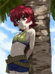 Rule 34 | 1girl, ammunition belt, blue shorts, cloud, collarbone, fumiko (mesushi), iria animi, lips, looking at viewer, palm tree, red eyes, red hair, short hair, shorts, solo, swimsuit, tales of (series), tales of innocence, tree
