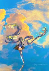 Rule 34 | 1girl, absurdly long hair, bare shoulders, barefoot, black skirt, black sleeves, blue eyes, blue hair, blue necktie, blue sky, breasts, closed mouth, cloud, cloudy sky, commentary, day, detached sleeves, floating hair, hair between eyes, hatsune miku, highres, instagram username, long hair, long sleeves, looking at viewer, necktie, new moon, outdoors, pixiv id, pleated skirt, reflection, say hana, see-through, see-through sleeves, shirt, signature, skirt, sky, sleeveless, sleeveless shirt, sleeves past wrists, small breasts, solo, symbol-only commentary, twintails, twitter username, very long hair, vocaloid, water, white shirt, wide sleeves