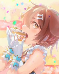 Rule 34 | 1girl, absurdres, animal ears, bare shoulders, blush, braid, brown eyes, brown hair, cake, cake slice, dog ears, dog girl, eating, fangs, food, frilled straps, frills, from side, gloves, hair between eyes, highres, hololive, hololive idol uniform, idol clothes, inugami korone, long hair, looking at viewer, low twin braids, official alternate costume, profile, sideways glance, sleeveless, solo, sushida0k, twin braids, virtual youtuber, white gloves