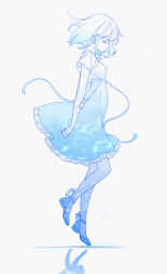 1girl bare_arms blue_dress blue_ribbon blue_shoes breasts closed_eyes dress floating from_side full_body grey_background hand_on_own_arm highres holding_own_arm medium_dress medium_hair monochrome original reflection reflective_floor ribbon ripples shoes short_sleeves simple_background small_breasts solo standing wannyanpu