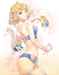 Rule 34 | 1girl, alice margatroid, back, blonde hair, blue eyes, bra, breasts, choker, doll, dress, esha, garter belt, hairband, highres, jewelry, long hair, looking back, open mouth, panties, petals, ribbon, ring, shanghai doll, short hair, smile, solo, string, thighhighs, touhou, underwear, underwear only, white thighhighs