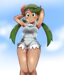 Rule 34 | 1girl, :c, armpits, arms behind head, arms up, bare arms, blue background, blush, breasts, breath, closed mouth, cloud, collarbone, creatures (company), cutoffs, dark-skinned female, dark skin, feet out of frame, female focus, flower, from below, frown, game freak, green eyes, green hair, green hairband, hair flower, hair ornament, hair tie, hairband, highres, impossible clothes, legs together, long hair, looking down, low twintails, mallow (pokemon), medium breasts, nintendo, outdoors, overall shorts, overalls, pink shirt, pokemon, pokemon sm, robert m, shirt, sky, sleeveless, solo, standing, sweat, swept bangs, thick eyebrows, thighs, trial captain, twintails, white background