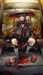 Rule 34 | 1boy, absurdres, black hair, black shorts, blood, blood splatter, blue eyes, blue hair, commentary request, genshin impact, hair between eyes, hat, highres, holding, holding sword, holding weapon, japanese clothes, jingasa, katana, looking at viewer, male focus, mixed-language commentary, nakura hakuto, scaramouche (genshin impact), shorts, solo, sword, weapon