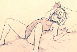 Rule 34 | 1girl, alternate costume, bare legs, bare shoulders, barefoot, bed, blush, bow, breasts, commentary request, covered navel, d-m (dii emu), embarrassed, eyelashes, feet out of frame, greyscale, hair bow, hairband, konpaku youmu, looking at viewer, lying, monochrome, nose blush, on back, on bed, one-piece swimsuit, open mouth, pillow, short hair, sketch, swimsuit, touhou, traditional media