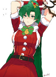 Rule 34 | 1girl, absurdres, breasts, christmas, embarrassed, fire emblem, fire emblem: the blazing blade, fire emblem heroes, green eyes, green hair, highres, long hair, looking at viewer, lyn (fire emblem), nintendo, ormille, ponytail, santa costume, sideboob, solo