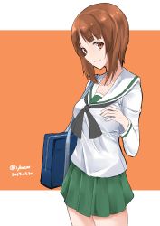 Rule 34 | 10s, 1girl, absurdres, bag, black neckerchief, blouse, brown eyes, brown hair, carrying, closed mouth, cowboy shot, dated, girls und panzer, green skirt, highres, irukatto, long sleeves, looking at viewer, miniskirt, neckerchief, nishizumi miho, ooarai school uniform, orange background, pleated skirt, school bag, school uniform, serafuku, shirt, short hair, skirt, smile, solo, standing, twitter username, white shirt