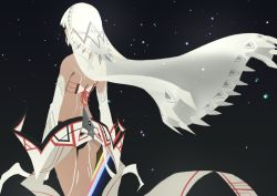 Rule 34 | 1girl, 3four, altera (fate), ass, back, bare shoulders, black panties, bra, commentary, cowboy shot, dark skin, dark-skinned female, detached sleeves, facing away, fate/grand order, fate (series), from behind, holding, holding sword, holding weapon, legs together, panties, photon ray (fate), short hair, silver hair, solo, standing, sword, tattoo, underwear, veil, weapon