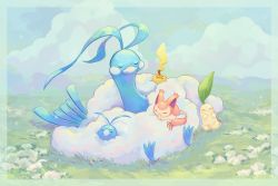 Rule 34 | altaria, border, chikorita, closed mouth, commentary request, creatures (company), day, closed eyes, game freak, gen 1 pokemon, gen 2 pokemon, gen 3 pokemon, grass, lying, nintendo, no humans, on stomach, outdoors, pikachu, pokemon, pokemon (creature), s (happycolor 329), skitty, sleeping, swablu