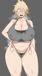 Rule 34 | 1girl, bakugou mitsuki, blonde hair, boku no hero academia, breasts, chamchami, condom, condom belt, cowboy shot, cum, facing viewer, female pubic hair, grey background, highres, huge breasts, looking at viewer, mature female, navel, nipples, plump, pubic hair, standing, steaming body, stray pubic hair, sweat, thick thighs, thighs, used condom, wide hips