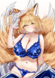 Rule 34 | 1girl, animal hat, blonde hair, blue bra, bra, breasts, cleavage, collarbone, commentary request, fox girl, hat, highres, kitsune, kyuubi, lace, lace-trimmed bra, lace-trimmed panties, lace trim, large breasts, looking at viewer, multiple tails, panties, sarasadou dan, simple background, slit pupils, solo, tail, touhou, underwear, white background, yakumo ran, yellow eyes