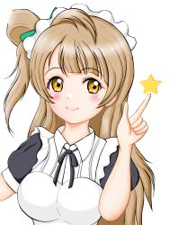 Rule 34 | 1girl, apron, artist name, artist request, black ribbon, blush, bow, brown eyes, brown hair, cafe maid (love live!), dress, female focus, frilled apron, frills, green bow, hair bow, highres, light brown hair, long hair, looking at viewer, love live!, love live! school idol festival, love live! school idol festival all stars, love live! school idol project, maid, maid apron, maid headdress, minami kotori, neck ribbon, necktie, nu64, ribbon, short sleeves, smile, solo, star (symbol), white background, yellow eyes