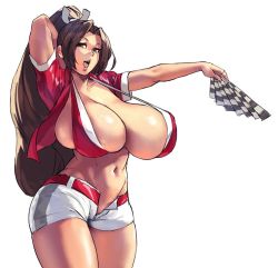 Rule 34 | 1girl, alternate costume, bikini, bikini top only, breasts, brown eyes, brown hair, cleavage, commentary, crop top, curvy, english commentary, eu03, fatal fury, folding fan, halterneck, hand fan, high ponytail, huge breasts, long hair, looking at viewer, mature female, midriff, navel, open mouth, ponytail, race queen, revealing clothes, shiranui mai, short shorts, short sleeves, shorts, sideboob, smile, solo, standing, swimsuit, the king of fighters, thick thighs, thighs, veins, veiny breasts, very long hair, white shorts