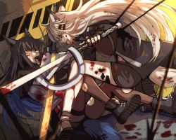Rule 34 | 2girls, animal ear fluff, animal ears, arknights, arrow (projectile), black hair, black legwear, blood, blood on face, blood on clothes, bloody weapon, coat, eye contact, facial mark, fingerless gloves, gloves, hair ornament, hairclip, hand to own mouth, highres, holding, holding sword, holding weapon, lappland (arknights), long hair, looking at another, multiple girls, nga (ray ray), originium (arknights), outdoors, pantyhose, shoes, short shorts, shorts, grey eyes, silver hair, slit pupils, smirk, sword, tail, texas (arknights), torn clothes, torn legwear, very long hair, weapon, wolf ears, wolf girl, wolf tail, yellow eyes