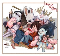 Rule 34 | 1boy, 5girls, akai (date good), amanda young, anger vein, axe, bandages, barefoot, black hair, blank eyes, blood, blood on hands, blush, border, brown footwear, brown hair, chinese zodiac, copyright name, dead by daylight, detached arm, halloween (movie), happy new year, highres, mask, michael myers, multiple girls, new year, open mouth, pig mask, piglet, rabbit mask, saw (movie), smile, sweatdrop, the hag (dead by daylight), the huntress (dead by daylight), the nurse (dead by daylight), the spirit (dead by daylight), year of the pig