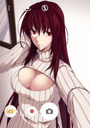 Rule 34 | 1girl, arrow (symbol), breasts, cleavage, fate/grand order, fate (series), framed, hand on own head, highres, jh, large breasts, long hair, long sleeves, looking to the side, meme attire, naked sweater, open-chest sweater, picture frame, purple hair, reaching, reaching towards viewer, recording, red eyes, red hair, scathach (fate), selfie, solo, sweater, taking picture, turtleneck, upper body, viewfinder