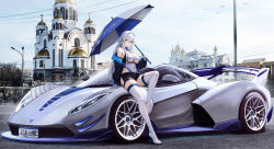 Rule 34 | 1girl, absurdres, alternate costume, arm strap, arm support, armpit crease, azur lane, bare shoulders, belt, black jacket, black shorts, blue eyes, boots, breasts, car, cleavage, cleavage cutout, closed mouth, clothing cutout, covered navel, gloves, hair between eyes, hair flaps, hair intakes, high heel boots, high heels, highleg, highleg leotard, highres, hip vent, holding, holding umbrella, jacket, kcar66t, knee up, large breasts, leotard, location request, long hair, long sleeves, looking at viewer, motor vehicle, off shoulder, open clothes, open jacket, outdoors, race queen, revealing clothes, short shorts, shorts, sidelocks, sitting, sitting on car, skindentation, smile, solo, sovetsky soyuz (azur lane), sports car, thigh boots, thighhighs, thighs, umbrella, underboob, underboob cutout, vehicle request, very long hair, white footwear, white gloves, white hair, white leotard, white thighhighs, wide shot, zipper