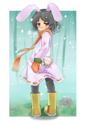 Rule 34 | 1girl, animal ears, bad id, bad pixiv id, black hair, blush, boots, coat, female focus, inaba tewi, jitome, looking back, mittens, niji sugi, pantyhose, rabbit ears, rabbit girl, rabbit tail, red eyes, scarf, short hair, snowing, solo, tail, touhou, winter clothes, winter coat