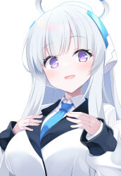 Rule 34 | 1girl, :d, aria (koiiroharemoyou), blue archive, blue necktie, blunt bangs, blush, breast hold, breasts, collared shirt, commentary, eyelashes, eyes visible through hair, halo, hands up, happy, highres, jacket, large breasts, long hair, long sleeves, looking at viewer, looking down, necktie, noa (blue archive), open mouth, purple eyes, shirt, sidelocks, simple background, smile, solo, straight hair, white background, white hair, white jacket, white shirt
