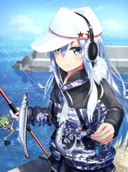 Rule 34 | 1girl, blue jacket, blue sky, camouflage, camouflage jacket, cloud, day, earmuffs, fish, fishing, fishing hook, fishing line, fishing rod, flat cap, fusou (fuso0205), hammer and sickle, hat, hibiki (kancolle), highres, holding, holding fishing rod, jacket, kantai collection, long sleeves, ocean, official alternate costume, outdoors, pier, saury, silver hair, sky, smile, solo, star (symbol), verniy (kancolle), white hat