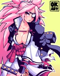 Rule 34 | 1girl, amputee, baiken, big hair, black jacket, breasts, cleavage, eyepatch, facial tattoo, guilty gear, guilty gear xrd, highres, holding, holding sword, holding weapon, jacket, jacket on shoulders, japanese clothes, kataginu, kimono, large breasts, long hair, no bra, obi, okart, one-eyed, pink hair, ponytail, popped collar, red eyes, reverse grip, sash, scar, scar across eye, scar on face, solo, sword, tattoo, thick eyebrows, weapon, white kimono